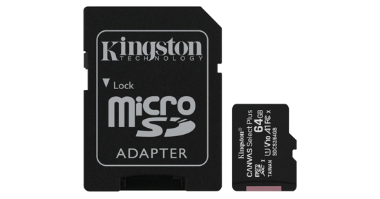 Kingston 64GB micSDXC Canvas Select Plus 100R A1 C10 kaart + ADP