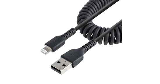 Startech 50cm USB A naar Lightning Kabel, Zwart, MFi Gecertificeerd, iPhone Lader Spiraalkabel, Duurzame Aramidevezels, Robuuste USB Lightning Laadkabel