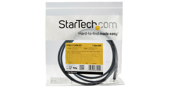 Startech 1,8 m USB C naar USB C Kabel - 5A, 100W PD 3.0 - Works With Chromebook Gecertificeerd - USB-IF Gecertificeerd - M/M - USB 3.0 5Gbps - USB C Laadkabel - USB Type C Kabel