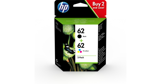 HP 62 originele zwarte/drie-kleuren inktcartridges, 2-pack