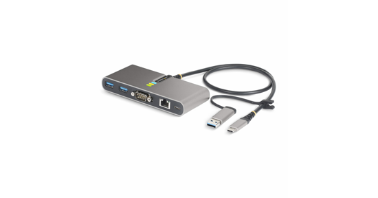 Startech 2-Port USB-C Hub met Ethernet en RS-232, Geïntegreerde USB-C naar USB-A Dongle, 100W PD Pass-Through, 2x USB-A 5Gbps, Gigabit Ethernet, RS232 Serial (FTDI)