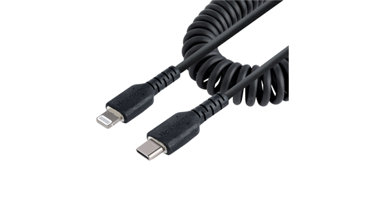 Startech 50cm USB-C naar Lightning Kabel, Zwart, MFi Gecertificeerd, iPhone Lader Spiraalkabel, Duurzame Aramidevezels, Robuuste USB-C Lightning Laadkabel