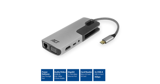 ACT AC7043 USB-C naar HDMI of VGA multiport adapter met ethernet, USB hub, cardreader, audio en PD pass through