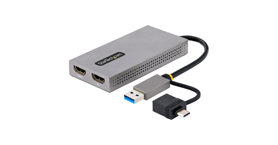 Startech USB naar HDMI Adapter, USB 3.0 naar Dual HDMI Converter, USB A/C naar 2x HDMI Schermen (1x 4K30Hz, 1x 1080p), Geïntegreerde USB-A naar C Dongle, 11cm Kabel, Windows & macOS