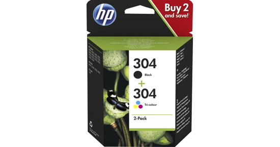 HP 304 originele zwarte/drie-kleuren inktcartridges, 2-pack