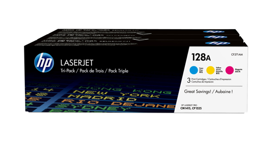 HP 128A originele cyaan/magenta/gele LaserJet tonercartridge, 3-pack